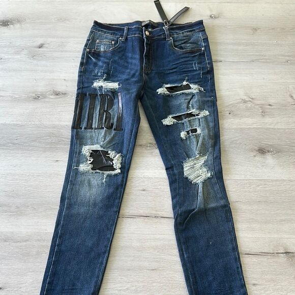 AMIRI Skinny-Fit Leather Appliquéd Distressed Jeans Blue/Black 32 NWT - Picture 6 of 16